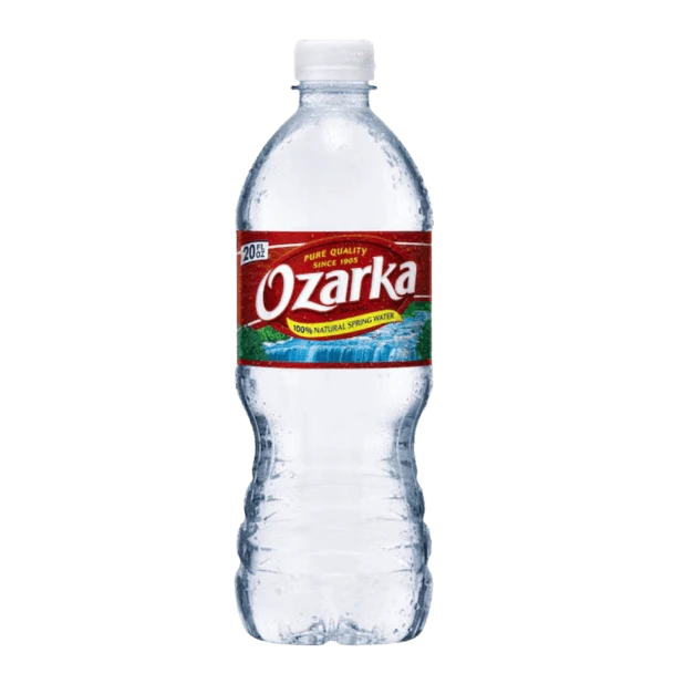 Ozarka bottled water featuring a clear plastic design with a red label displaying '100% Natural Spring Water