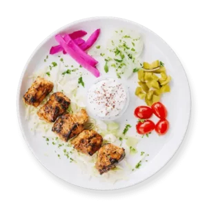 Chipotle Chicken Kebab from Aladdin Mediterranean Cuisine—smoky, flame-grilled chicken skewer served with vegetables