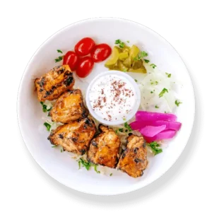 Classic chicken kabob skewer from Aladdin Mediterranean cuisine, served with fragrant rice, grilled vegetables, and garlic sauce