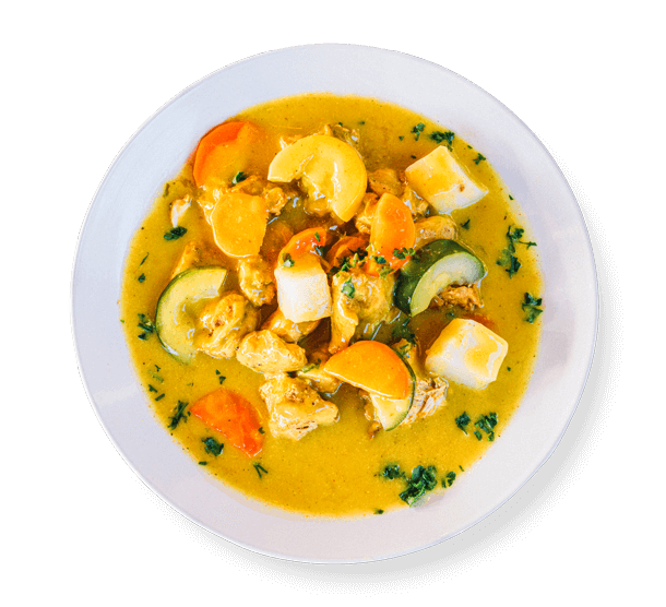 Curry chicken plate from Aladdin Mediterranean Cuisine—chicken breast in creamy turmeric-ginger curry with potatoes, carrots, and cranberry-almond rice