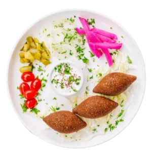 Kibbeh Lebanese fried beef croquettes made with halal beef, served with pickled turnips and garlic sauce at Aladdin Mediterranean Cuisine in Houston