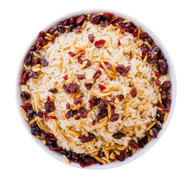 Almond Vermicelli Rice topped with craisens and toasted almonds