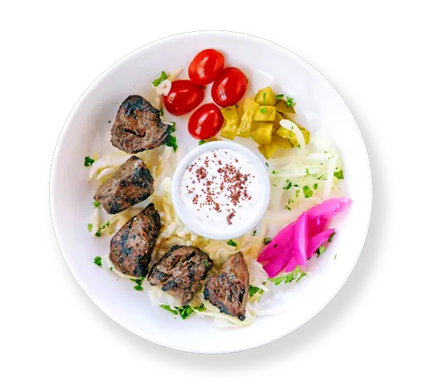 Filet Steak Kabob -grilled filet steak beef kabob from Aladdin Mediterranean Cuisine, served with basmati rice and roasted vegetables