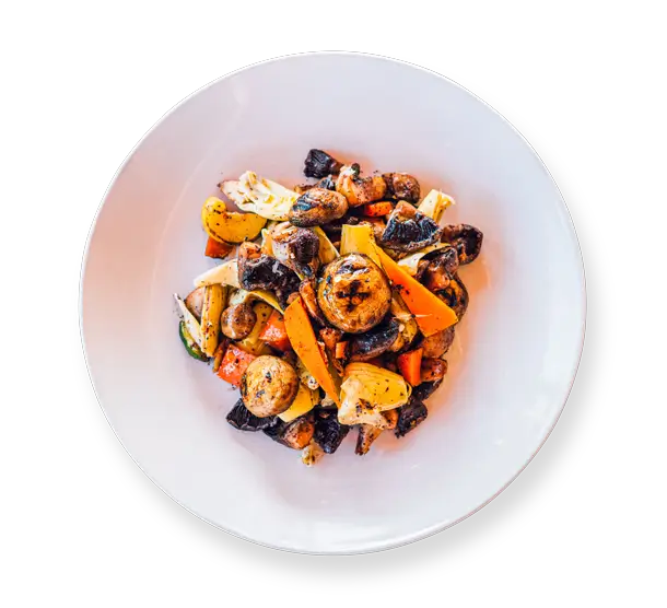 Marinated mushroom and artichoke salad tossed with grilled carrots, squash